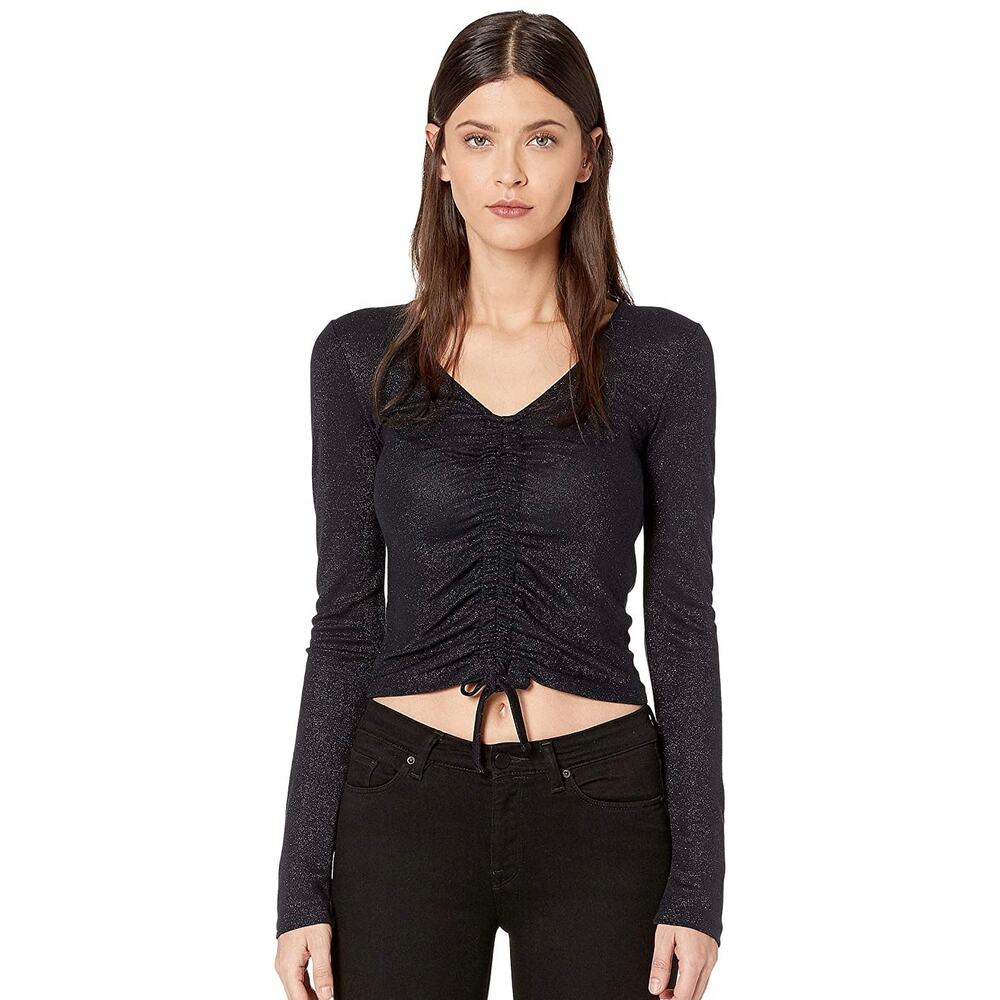 ALLSAINTS Rina Glitz Ruched Long Sleeve Sparkle Top, Navy Blue